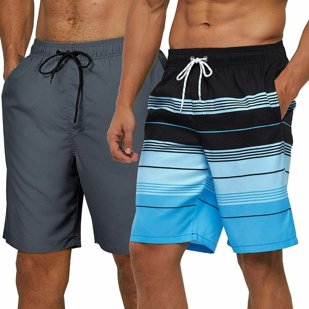 SILKWORLD Men's 2 Pack Swim Trunks Quick Dry Beach Boardshorts Classic Length L